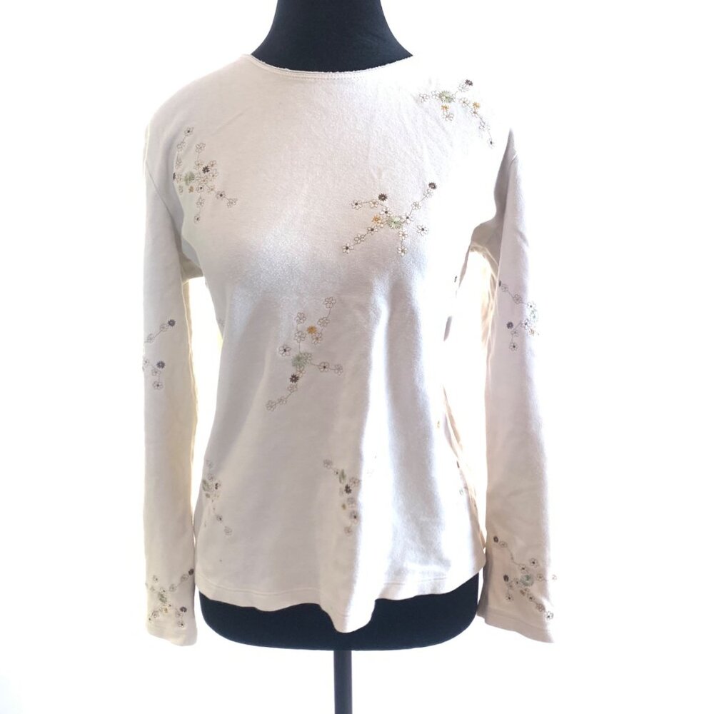 Vintage 90s Top Long Sleeve Floral Embroidered L Cottagecore Boho 100% cotton